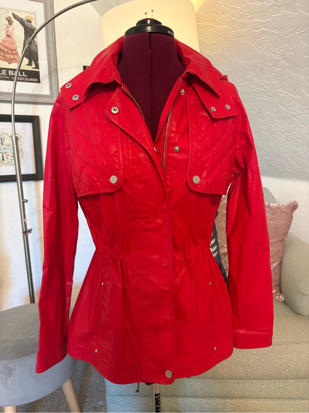 Trina Turk Red Utility Jacket with Quilted Flap